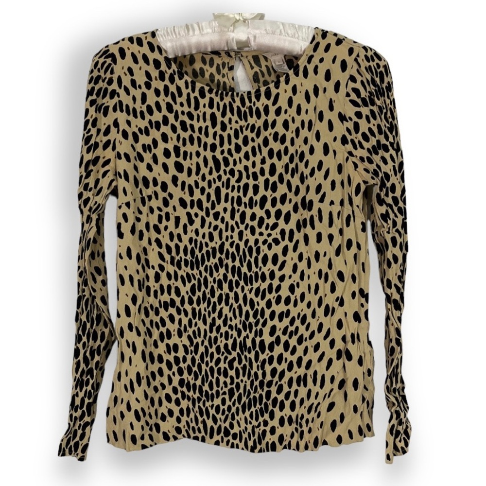 J. Crew Tan Black Blouse Leopard Cheetah Animal Print Top Long Sleeve Sz 0 XS